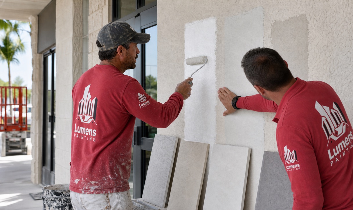 Commercial painter testing exterior coating samples on a South Florida stucco building