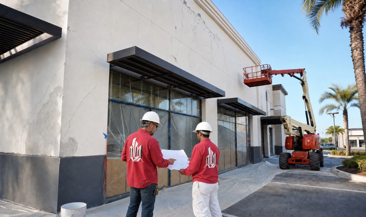 Project manager and commercial painter reviewing a Miami facade before pricing repairs and painting
