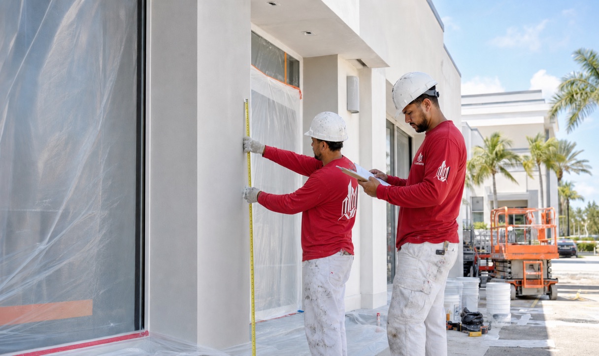 Commercial painters measuring a Miami building facade before preparing a painting estimate