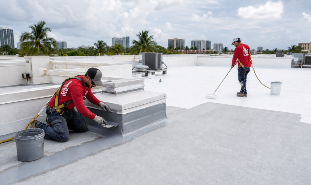 Roof technicians waterproofing flashing and applying reflective coating on a Miami commercial roof