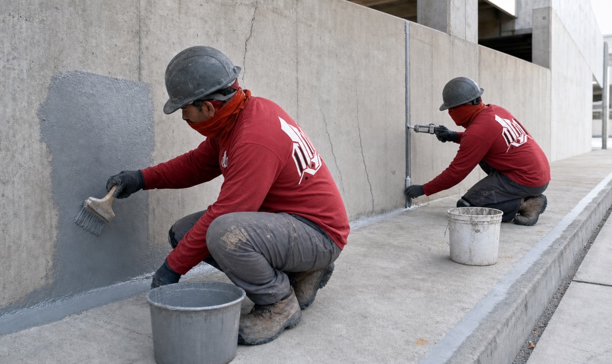 Technicians applying concrete waterproofing coating and joint sealant on a Miami structure