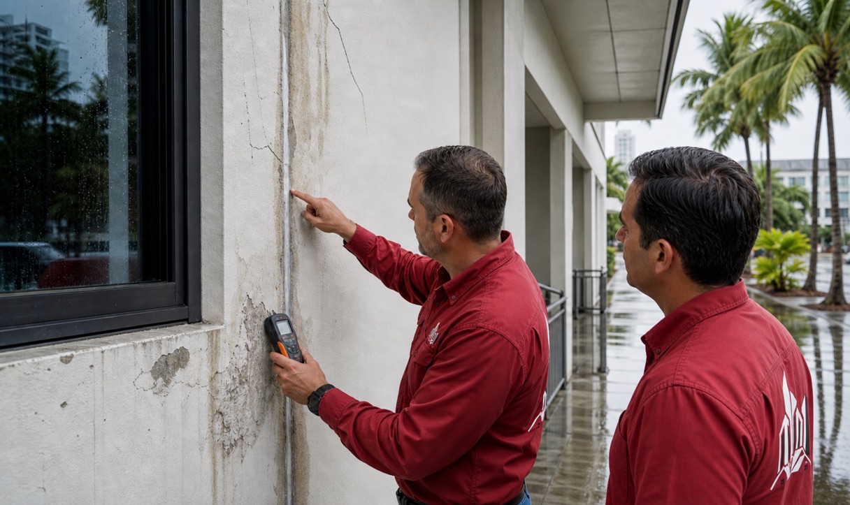 Building-envelope inspection identifying cracks and moisture staining on a commercial stucco wall