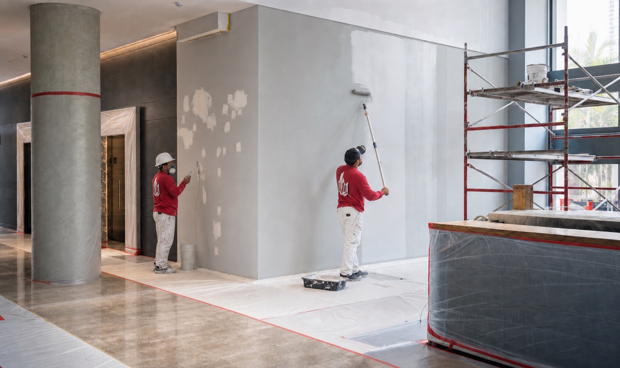 Commercial painters preparing and coating a protected Miami office lobby