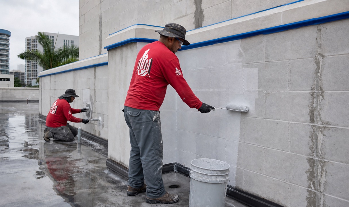 Technicians applying a waterproof membrane to a commercial masonry wall in Miami