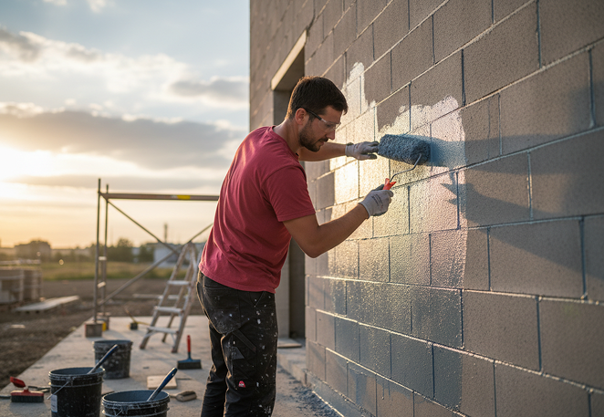 Residential exterior wall receiving a waterproof protective coating